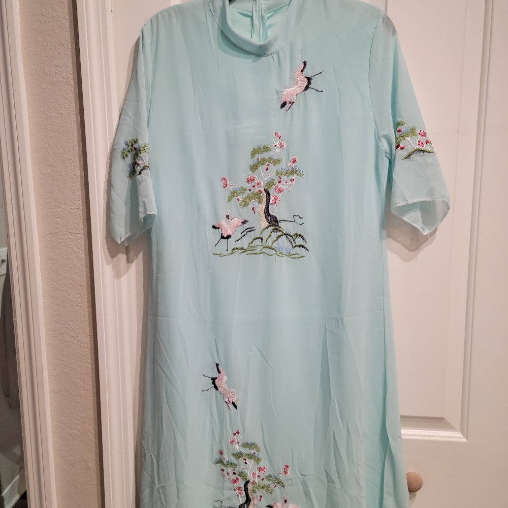 S/M Mint Green Cherry Blossom Asian motif Geisha-ish dress. NWOT *free $10 gift*